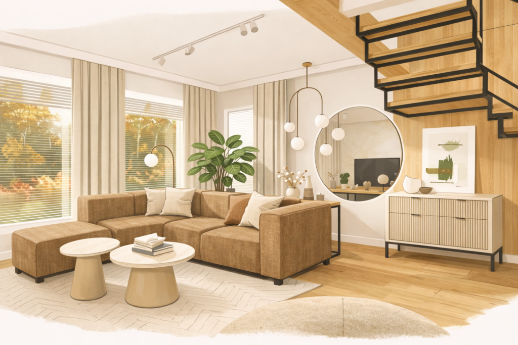 Jasny salon prezentowany jako inspiracja wnętrzarska